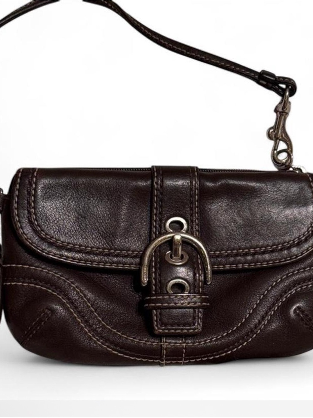 Coach Dark Brown Leather Wristlet with Buckle Detail